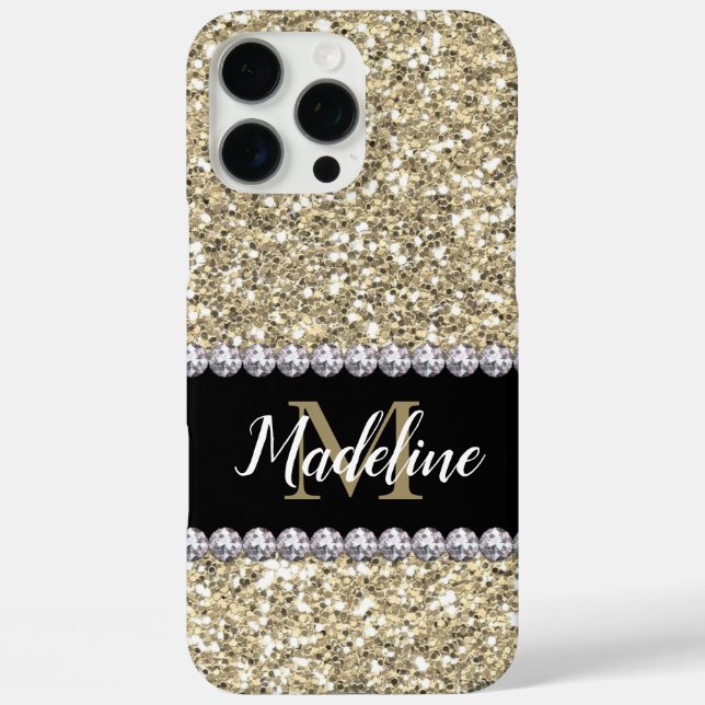 Gold Glitter Gems with Name and Mongram Case-Mate iPhone Case (Back)
