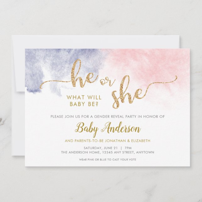 Gold Glitter Gender Reveal Pink and Dark Blue (Front)