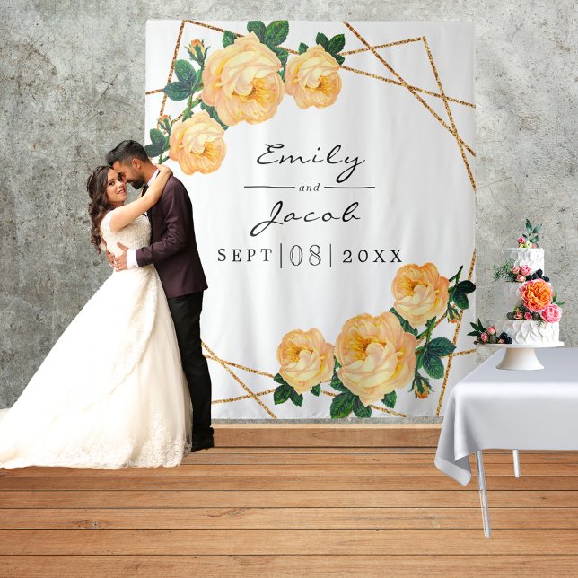Gold Glitter Geo Orange Floral Photo Backdrop Sign Tapestry (Creator Uploaded)