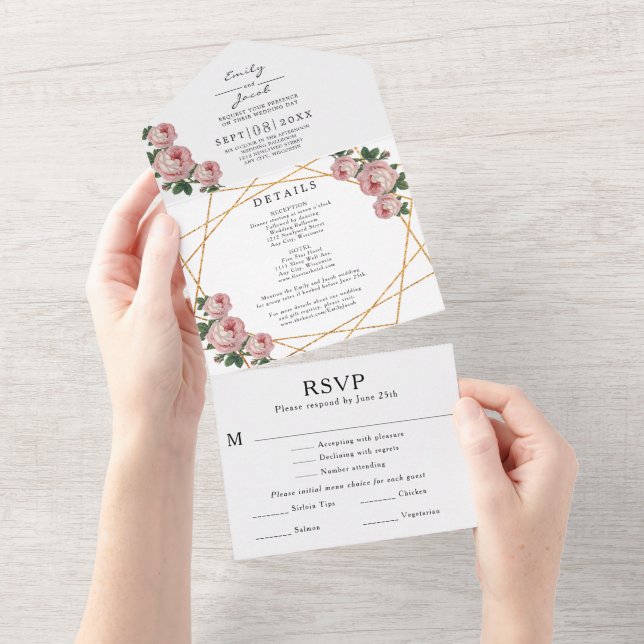 Gold Glitter Geo Pink Floral Wedding RSVP Photo All In One Invitation (Tearaway)