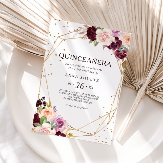Gold Glitter Geometric Floral Quinceañera Invitation (Creator Uploaded)