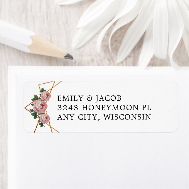 Gold Glitter Geometric Pink Floral Wedding Address (Insitu)