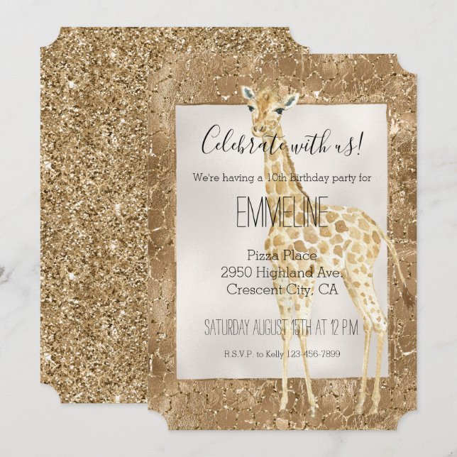 Gold Glitter Giraffe Animal Print Invitation (Front/Back)