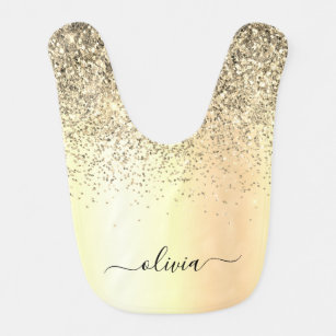 Gold Glitter Girly Luxury Modern Monogram Name Bib