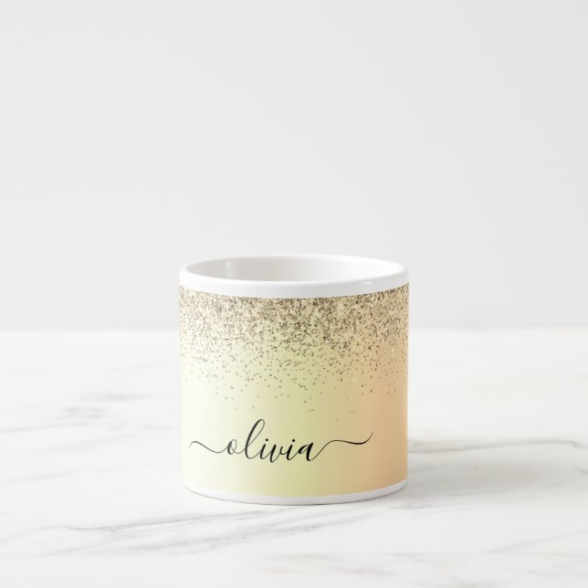 Gold Glitter Girly Luxury Modern Monogram Name Espresso Cup (Front)