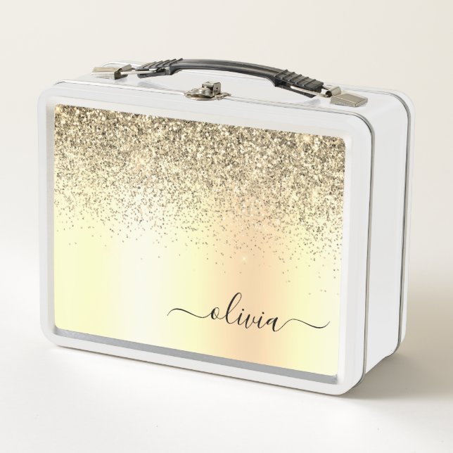Gold Glitter Girly Luxury Modern Monogram Name Metal Lunch Box (Front)