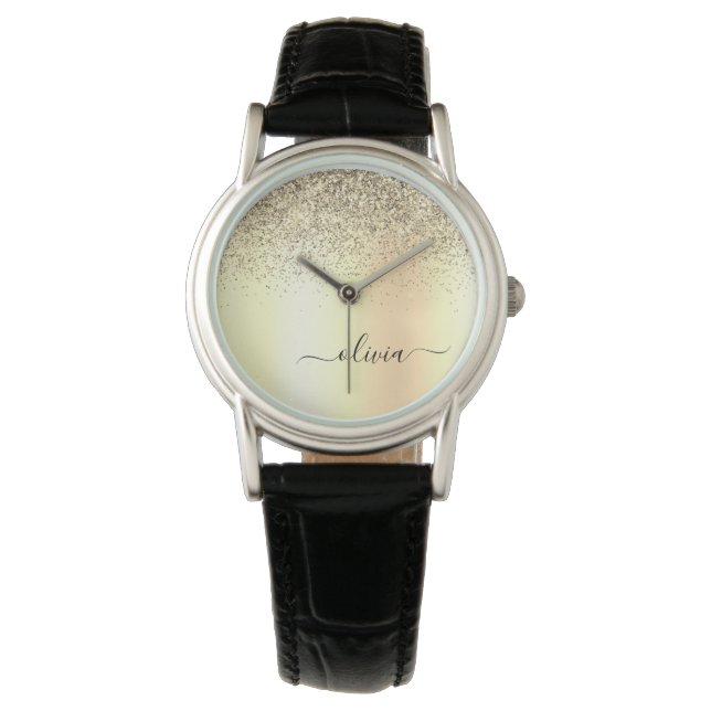 Gold Glitter Girly Luxury Modern Monogram Name Watch (Front)