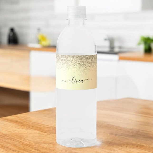 Gold Glitter Girly Luxury Modern Monogram Name Water Bottle Label (Creator Uploaded)