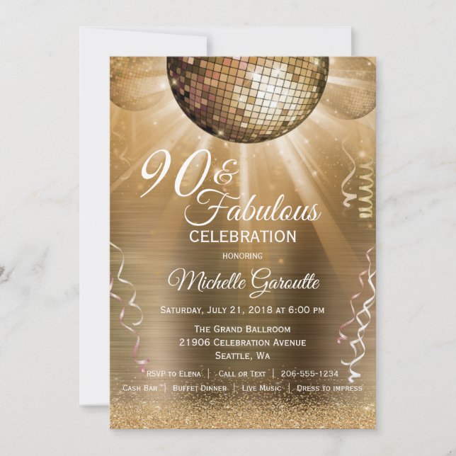 Gold Glitter Glam 90 and Fabulous Disco Ball Invitation (Front)