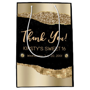 Gold Glitter Glam Edge & Diamonds Sweet 16 Medium Gift Bag