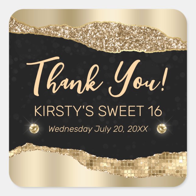 Gold Glitter Glam Edge & Diamonds Sweet 16  Square Sticker (Front)