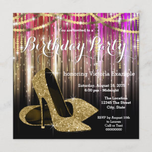 Gold Glitter Glam High Heel Shoe Birthday Party Invitation