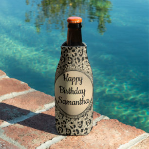 Gold Glitter Glam Leopard Print Personalized Bottle Cooler