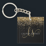 Gold Glitter Glam Monogram Name Keychain<br><div class="desc">Glam Gold Glitter Elegant Monogram Name Keychain 
Easily personalize this trendy chic keychain design featuring elegant gold sparkling glitter on a black background. The design features your handwritten script monogram with pretty swirls and name.</div>