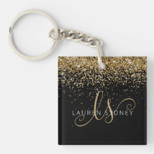 Gold Glitter Glam Monogram Name Keychain