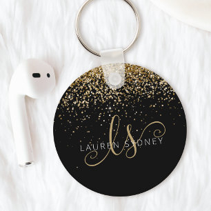 Gold Glitter Glam Monogram Name Keychain