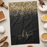 Gold Glitter Glam Monogram Name Kitchen Towel<br><div class="desc">Glam Gold Glitter Elegant Monogram Kitchen Towels. Easily personalize this trendy chic kitchen towels design featuring elegant gold sparkling glitter on a black background. The design features your handwritten script monogram with pretty swirls and your name.</div>