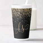 Gold Glitter Glam Monogram Name Latte Mug<br><div class="desc">Glam Gold Glitter Elegant Monogram Latte Mug. Easily personalize this trendy chic latte mug design featuring elegant gold sparkling glitter on a black background. The design features your handwritten script monogram with pretty swirls and your name.</div>