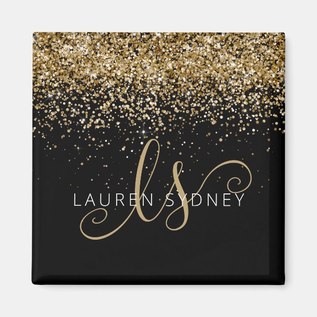 Gold Glitter Glam Monogram Name Magnet (Front)