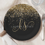 Gold Glitter Glam Monogram Name Paper Plate<br><div class="desc">Glam Gold Glitter Elegant Monogram Paper Plate. Easily personalize this trendy chic paper plate design featuring elegant gold sparkling glitter on a black background. The design features your handwritten script monogram with pretty swirls and your name.</div>