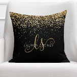 Gold Glitter Glam Monogram Name Throw Pillow<br><div class="desc">Glam Gold Glitter Elegant Monogram Throw Pillow. Easily personalize this trendy chic throw pillow design featuring elegant gold sparkling glitter on a black background. The design features your handwritten script monogram with pretty swirls and your name.</div>