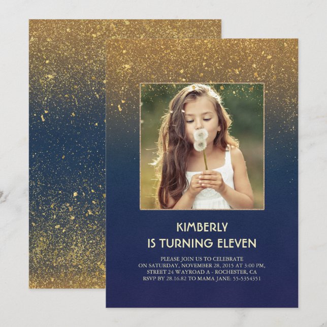 Gold Glitter Glam Navy Vintage Photo Birthday Invitation (Front/Back)