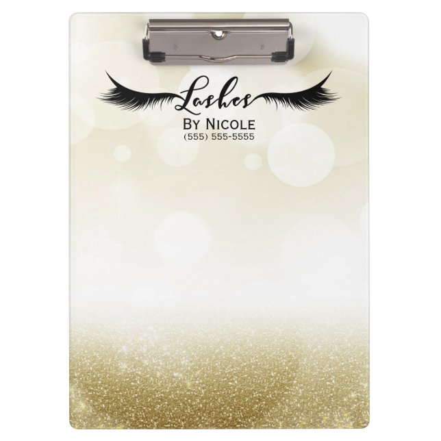 Gold Glitter Glam Sparkle Lashes Personalized Clipboard (Front)
