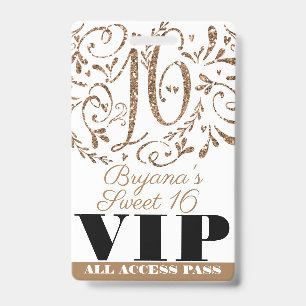 Gold Glitter Glam Sweet 16 Birthday Party VIP Pass Badge