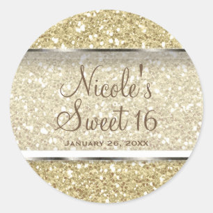 Gold Glitter Glam Sweet 16 Custom Party Favour Classic Round Sticker