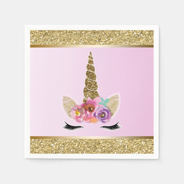 Gold Glitter Glam Unicorn Pink Birthday Party Napkin (Front)