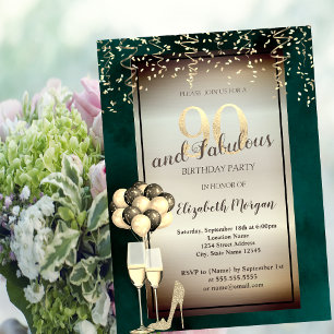 Gold Glitter Glass,Balloons Green 90th Birthday  Invitation