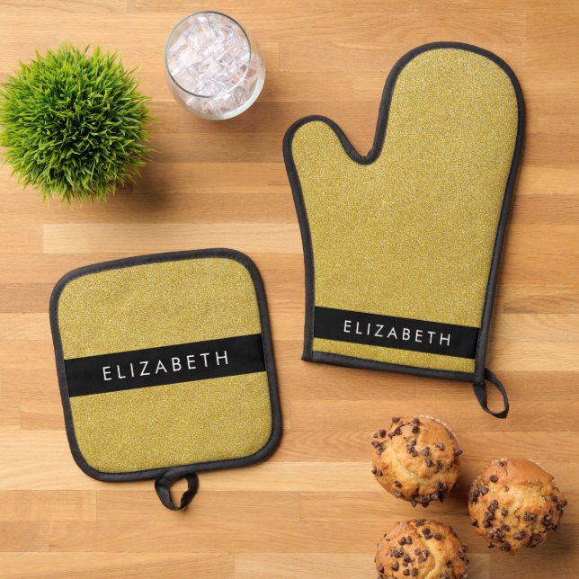 Gold Glitter, Glitter Background, Your Name Oven Mitt & Pot Holder Set (Top Down)