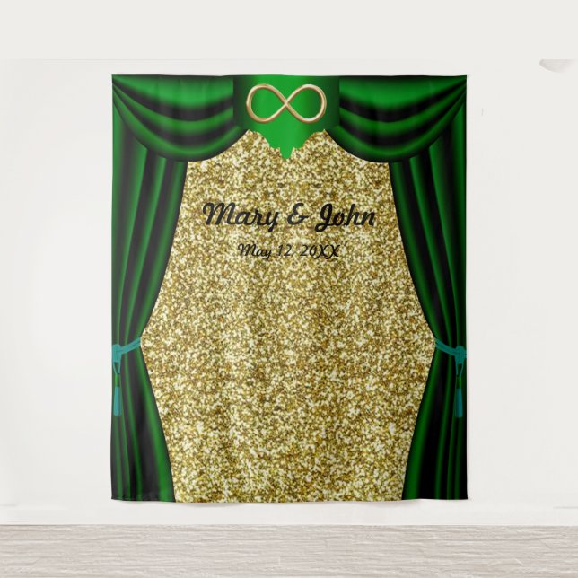 Gold Glitter Gold Infinity Green Curtain Backdrop Tapestry (Front)
