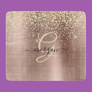Gold Glitter, Gold Monogram, Black Script Name Cutting Board