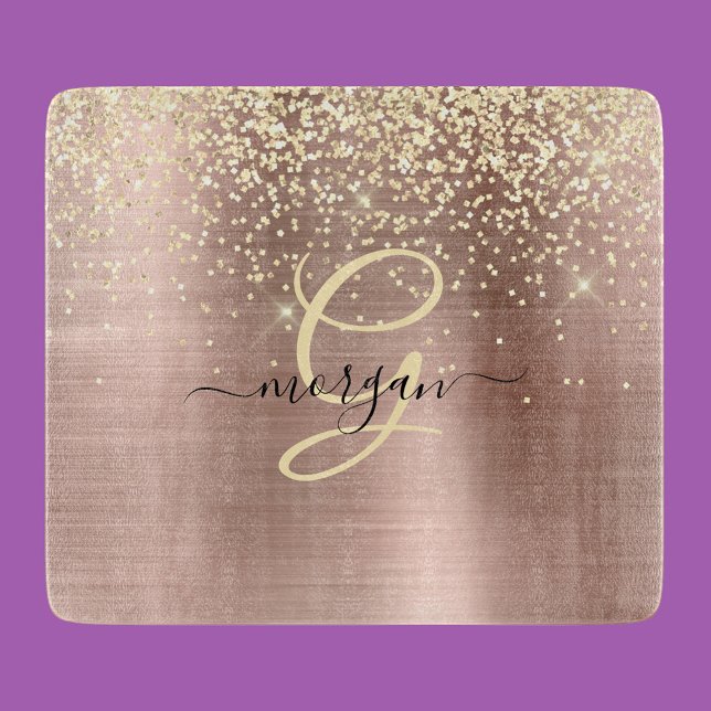 Gold Glitter, Gold Monogram, Black Script Name Cutting Board (Creator Uploaded)