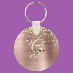 Gold Glitter, Gold Monogram, Black Script Name Keychain