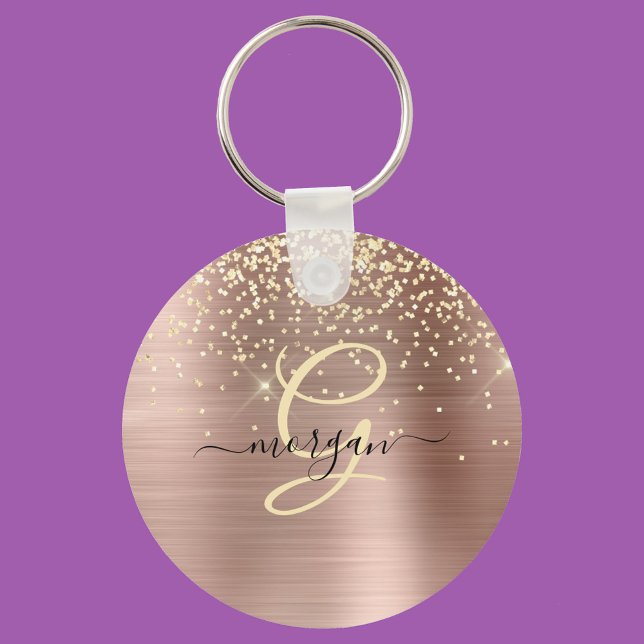 Gold Glitter, Gold Monogram, Black Script Name Keychain (Creator Uploaded)