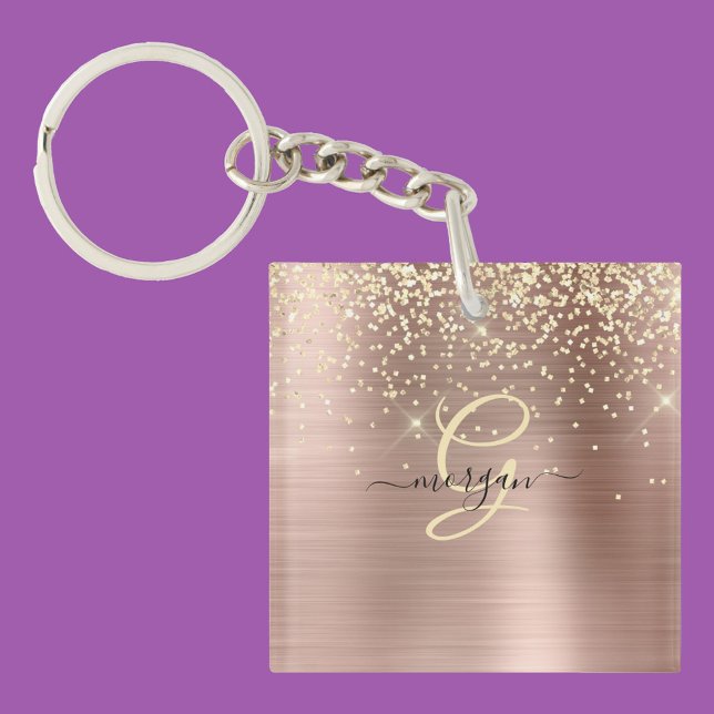 Gold Glitter, Gold Monogram, Black Script Name Keychain (Creator Uploaded)