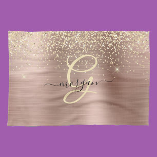 Gold Glitter, Gold Monogram, Black Script Name Kitchen Towel