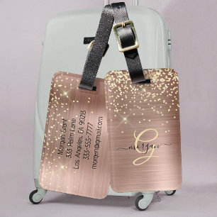 Gold Glitter, Gold Monogram, Black Script Name Luggage Tag