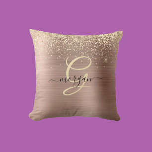 Gold Glitter, Gold Monogram, Black Script Name Throw Pillow