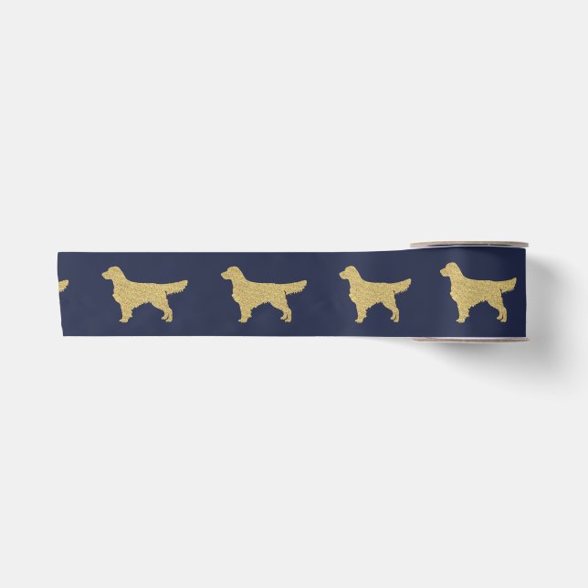 Gold Glitter Golden Retriever navy blue Satin Ribbon (Front)