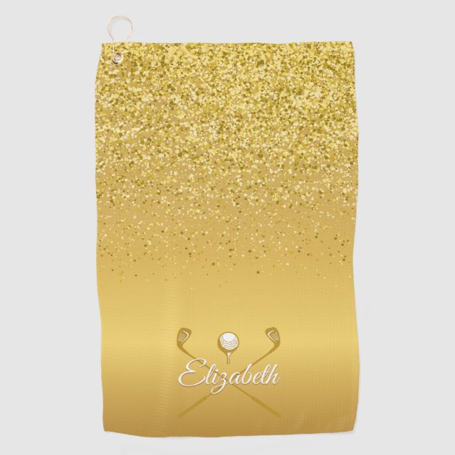 Gold Glitter Golf Ball Classic Script Name Golf Towel (Front)