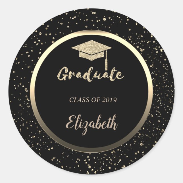 Gold Glitter Grad Cap,Confetti  - Personalized Classic Round Sticker (Front)