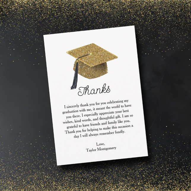 Gold Glitter Grad Cap Graduation Thank You Card (Faux gold glitter grad cap flat  graduation thank you note cards with your personal message)