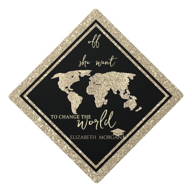  Gold Glitter Grad Cap World Map Graduation (Front)