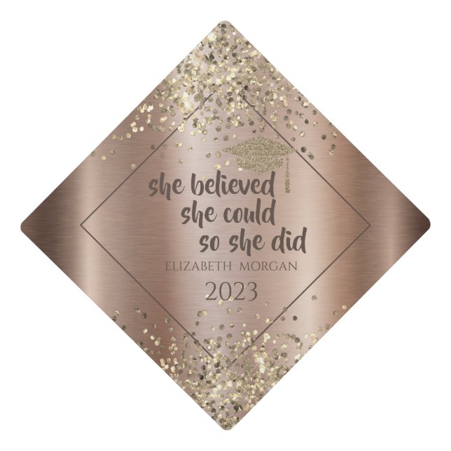 Gold Glitter Graduate Cap,Confetti Brown Graduation Cap Topper (Front)