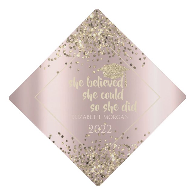 Gold Glitter Graduate Cap,Confetti Rose Gold  Graduation Cap Topper (Front)