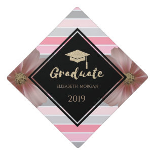 Gold Glitter Graduate Cap,Daisy, Stripes Graduation Cap Topper