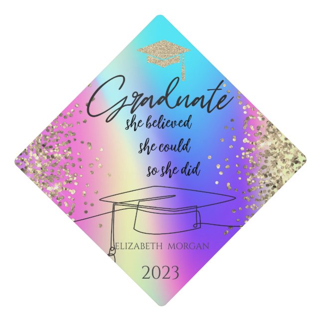 Gold Glitter Graduate Cap,Dots,Holographic  Graduation Cap Topper (Front)